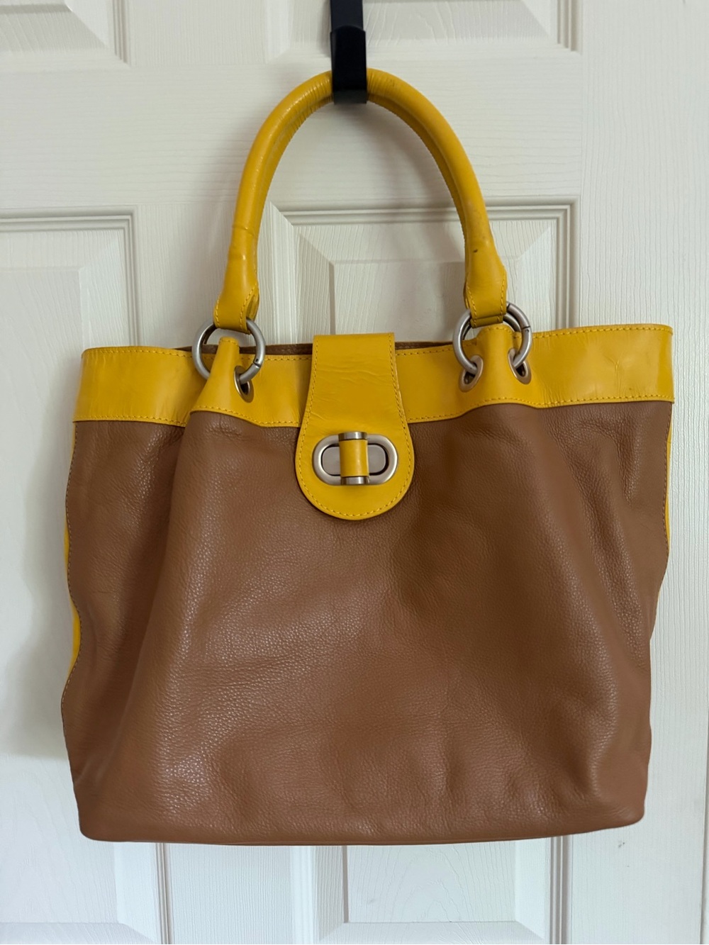 Boden Brown Leather Tote with Yellow Trim